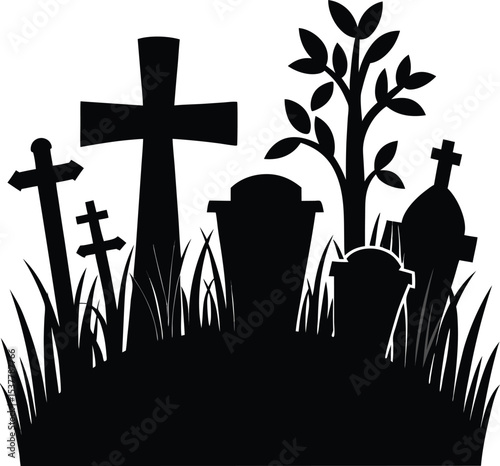 Silhouette of a Graveyard with Crosses and Tombstones
