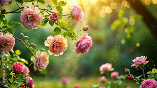 Pink Roses Bloom in the Golden Sunlight of a Summer Garden