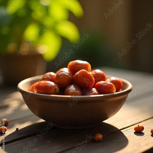 Close-up of a bowl of fresh Ajwa dates on a wooden table, golden hour sunlight, bokeh background, ultra-realistic photo