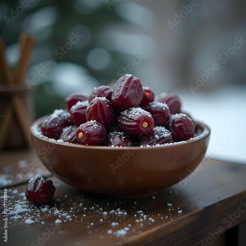 Close-up of a bowl of fresh Ajwa dates on a wooden table, golden hour sunlight, bokeh background, ultra-realistic photo