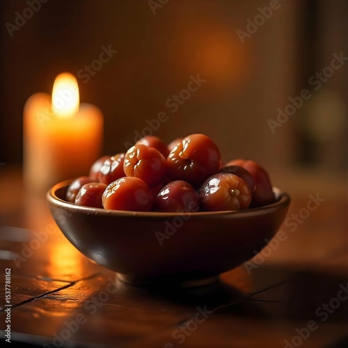 Close-up of a bowl of fresh Ajwa dates on a wooden table, golden hour sunlight, bokeh background, ultra-realistic photo