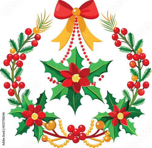 Christmas Wreath with Holly Berries and Poinsettia