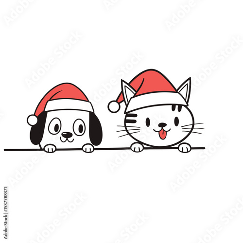 Cute Cartoon Dog and Cat in Santa Hats