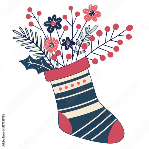 Christmas Stocking Decorated with Flowers and Berries