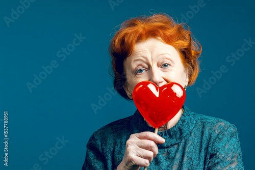 Isolated white old woman on rich dark blue background with lollipop heart in hands.  Cute Valentine's Day greeting.  Professional studio picture, copy space.