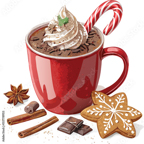 Christmas Hot Chocolate with Candy Cane and Gingerbread Cookie
