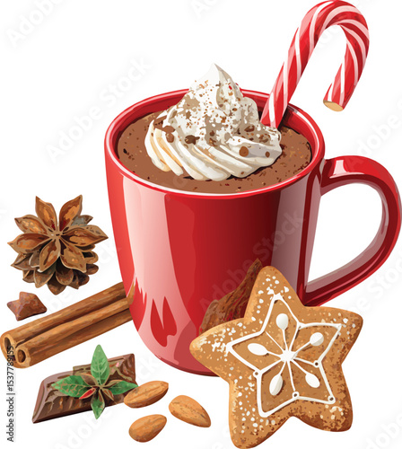 Christmas Hot Chocolate with Candy Cane and Gingerbread Cookie