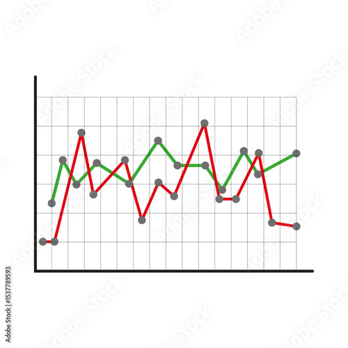 Statistical graph icon. Red green chart. Point connected lines. Vector grid shape.