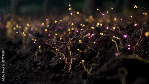 Illuminated Root System Bioluminescent Plants in Dark Soil