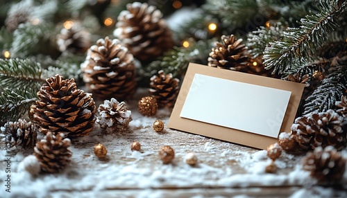 Blank greeting card mockup with snowy winter decor

