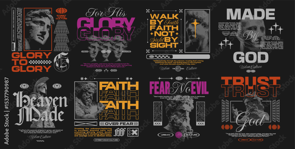 Naklejka premium Christian streetwear t-shirt design bundle, Faith urban design set for print, Renaissance statue graphic tee shirt packs, Christianity graphic for apparel, Christian quotes collection for poster