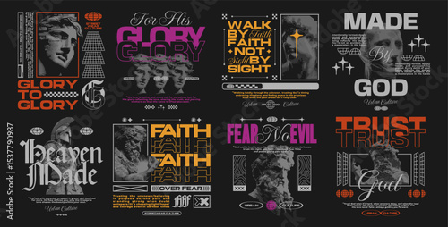Christian streetwear t-shirt design bundle, Faith urban design set for print, Renaissance statue graphic tee shirt packs, Christianity graphic for apparel, Christian quotes collection for poster