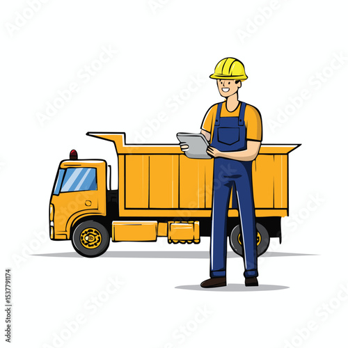 Hand-Drawn Style Illustration of Coal Mining Worker Using Tablet Near Big Yellow Truck