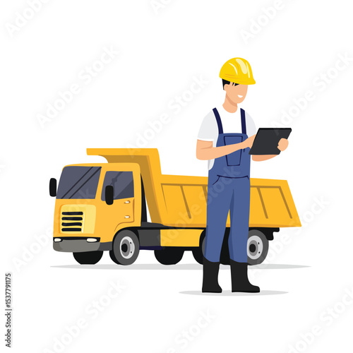 Hand-Drawn Style Illustration of Coal Mining Worker Using Tablet Near Big Yellow Truck