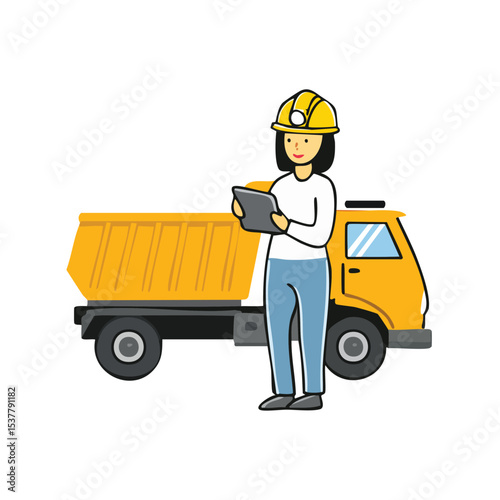 Hand-Drawn Style Illustration of Coal Mining Worker Using Tablet Near Big Yellow Truck