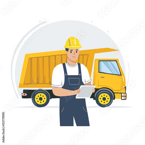 Hand-Drawn Style Illustration of Coal Mining Worker Using Tablet Near Big Yellow Truck
