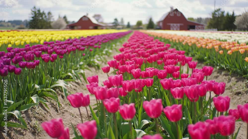 Colorful Tulip Field with Pink Purple Yellow and Orange Rows Leading to Red Barns Under Bright Sky Creates a Scenic Farm Landscape Colorful Tulip Field with Pink Purple Yellow and Orange Rows Leading to Red Barns Under Bright Sky Creates a Scenic Farm Landscape