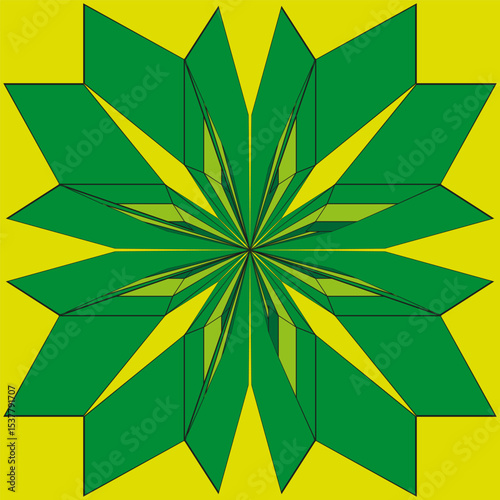 Geometric star icon. Green yellow petals. Kaleidoscope floral shape. Vector symmetry pattern.