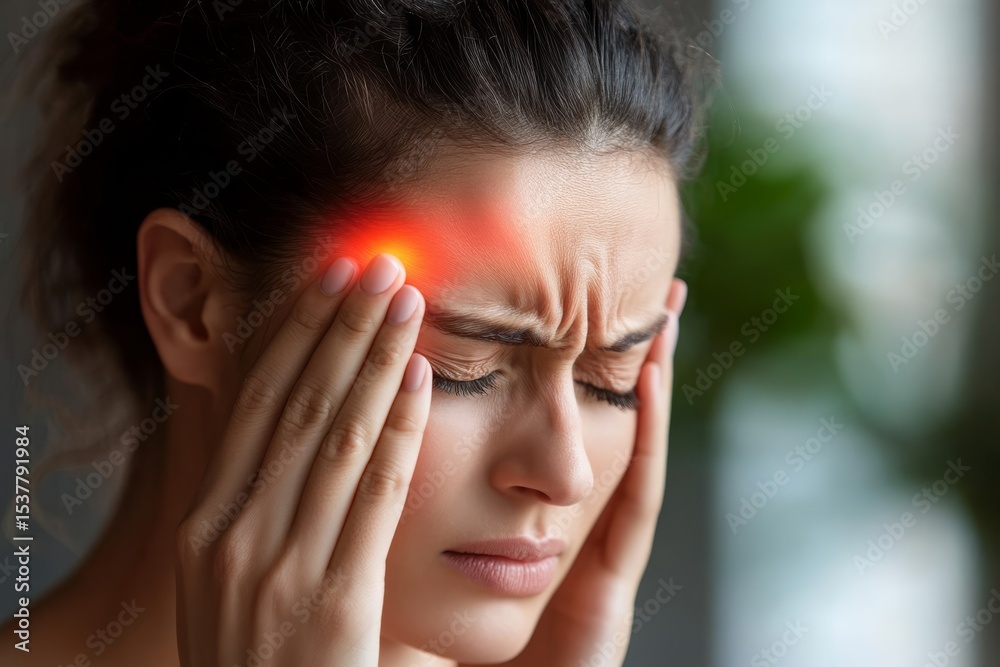 Fototapeta premium A woman experiences a headache, holding her temples with a pained expression in a softly lit environment.