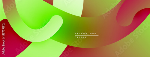 Abstract fluid shapes overlap. Green, red, yellow hues blend smoothly creating dynamic composition. Modern design element.