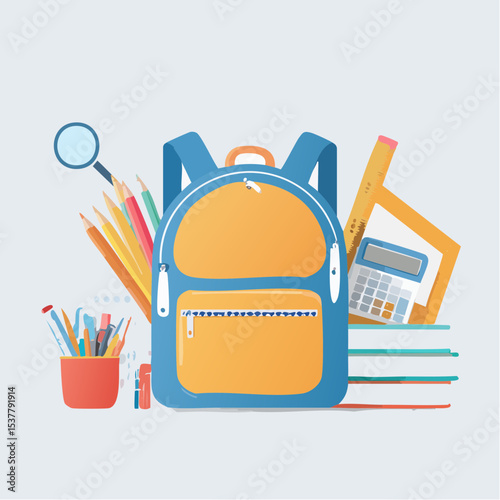A vibrant illustration of a school backpack filled with school supplies including pencils, a magnifying glass, and a calculator, on a light blue background.