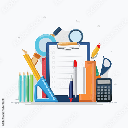 Colorful illustration of various office and school supplies including a clipboard, pencils, pens, ruler, and calculator arranged in a flat design style.