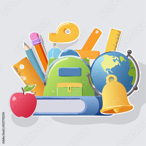 Colorful school supplies illustration with a backpack, apple, globe, pencils, rulers, and a bell, representing education and learning.