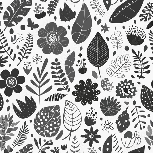 Hand-drawn monochrome floral seamless pattern featuring various leaves, flowers, and decorative elements arranged in a repeating design.