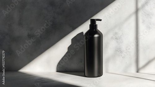 Bold black shampoo bottle mockup with sharp lighting and modern style