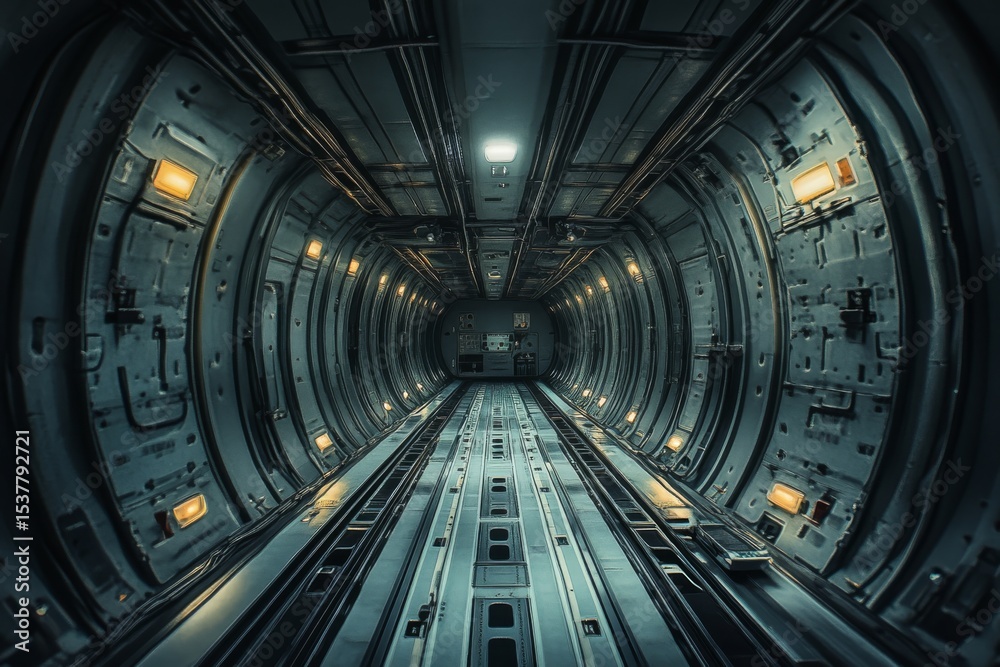 Naklejka premium Futuristic tunnel with metallic walls and dim lighting, creating an eerie atmosphere.
