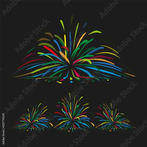 Lush firework bursts. Vivid night display. Exploding light event. Colorful vector spectacle.