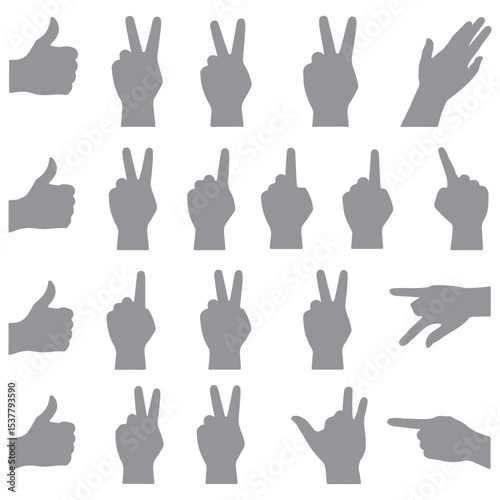 Black Hand Gesture Icons Vector Set – Peace Sign, Thumbs Up, Pointing, Fist, and Handshake Silhouettes