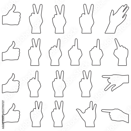 Black Hand Gesture Icons Vector Set – Peace Sign, Thumbs Up, Pointing, Fist, and Handshake Silhouettes