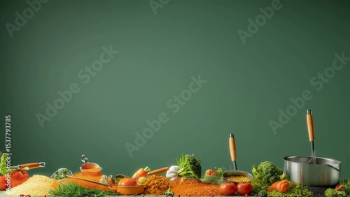 Vibrant Vegetable and Grain Still Life with Cooking Utensils against Green Background