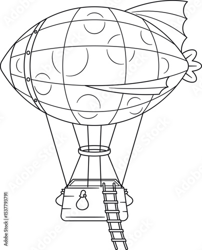 Black-and-white airship with rope ladder