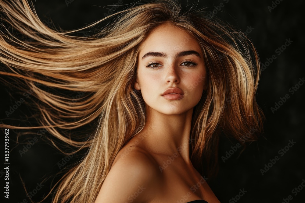Obraz premium A striking portrait of a woman with flowing hair, exuding confidence and beauty against a dark background.