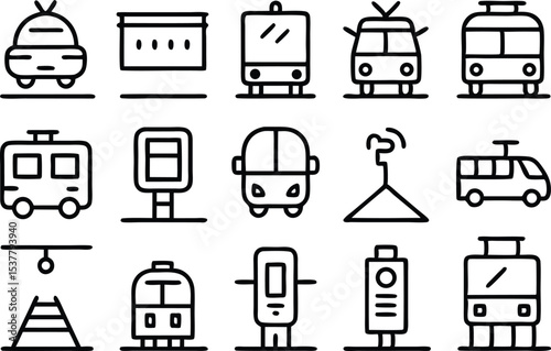 Outline icon set of light rail transit systems isolated on transparent background