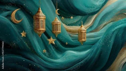 Ramadan Kareem Elegant Teal and Gold Festive Background with Lanterns, Moons, and Stars
