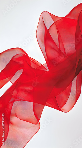 Red sheer fabric flowing elegantly against white background.  Possible use Fabric texture, fashion, textile design
