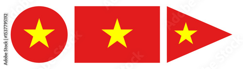 Set of Vietnam flags in different shapes – circle, rectangle, and triangle – featuring a yellow star on a red background, symbol of national pride and patriotism