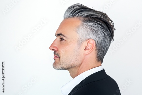 Classy men's slicked back haircut - midlife middle eastern man with middle hair. Pure white solid background. A man with natural beauty and a confident stance. Creative of style for aging men.