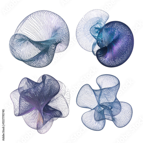Iridescent Amorphous Shapes with Wire Element Designs in Colorful Hues, Isolated on Transparent Background