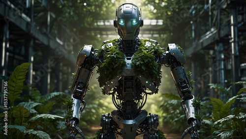 Intelligently designed robots with advanced artificial intelligence walk through vibrant agricultural landscapes, meticulously inspecting each plant with state-of-the-art sensors.