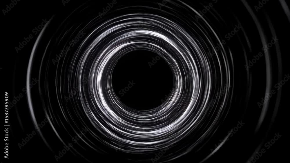 Swirling vortex with monochrome silver light emitting from dark center to create hypnotic visual effect for backgrounds and transitions.