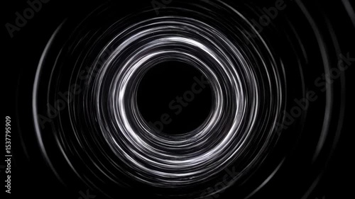 Swirling vortex with monochrome silver light emitting from dark center to create hypnotic visual effect for backgrounds and transitions.