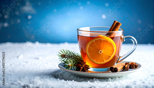 Warm herbal tea with cinnamon and orange garnish, beautifully set against a cool blue background.