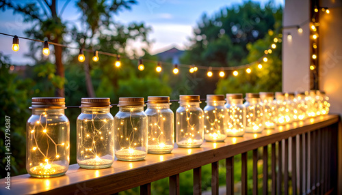 Cozy outdoor lighting setup with warm string lights in jars, adding charm and elegance to a balcony setting.