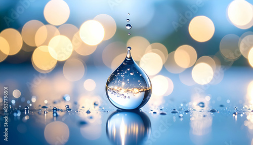 Close-up of a single water droplet hitting a reflective surface with dreamy bokeh lights.