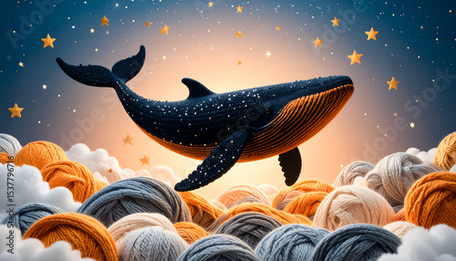 Fantastical scene of a whale swimming through a knitted ocean under a starry sky, created in vibrant 3D illustration style.