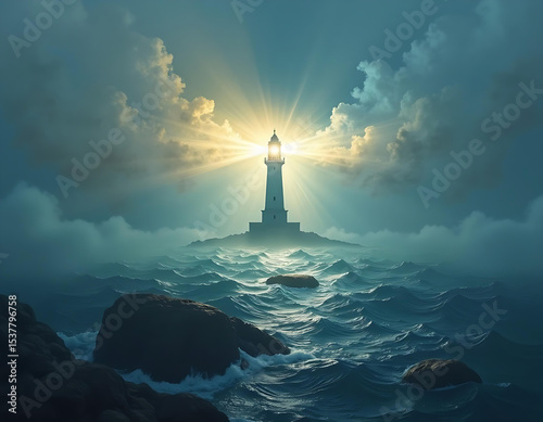 Lighthouse with sun rays over ocean horizon